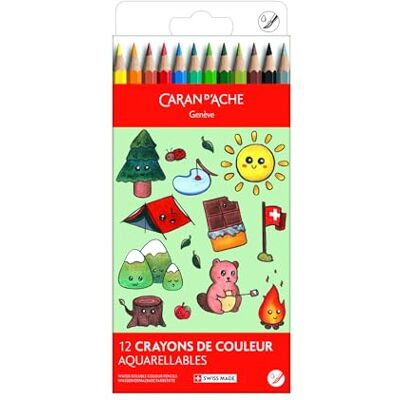 Caran d'Ache Kawaii Swisscolor Water-Soluble Colour Pencils Cardboard Box with 12 Assorted Colours, Swiss Mountains, Kids Drawing, Colouring, Art Pencil, School, Stationery Supplies, Creativity Caran d'Ache Kawaii Swisscolor Water-Soluble Colour Pencils Cardboard Box with 12 Assorted Colours, Swiss Mountains, Kids Drawing, Colouring, Art Pencil, School, Stationery Supplies, Creativity