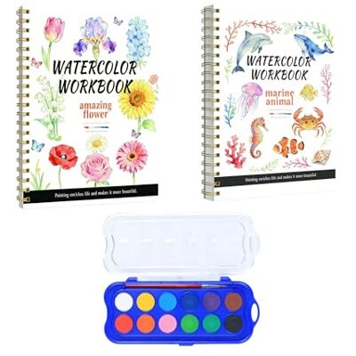 zatyorg 2 pcs Watercolour Workbook, Water Colouring Books with 12 Color Watercolour Paints Set & Brush for Beginner Adult, Arts & Crafts Gift (Flowers & Marine Animals Theme) zatyorg 2 pcs Watercolour Workbook, Water Colouring Books with 12 Color Watercolour Paints Set & Brush for Beginner Adult, Arts & Crafts Gift (Flowers & Marine Animals Theme)
