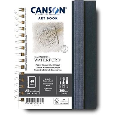 Canson Professional Art Book, Fine Grain Watercolour Saunders Waterford Paper, 300gsm, A5 Spiral Portrait Notebook, 20 White Sheets, For Professional Artists & Students Canson Professional Art Book, Fine Grain Watercolour Saunders Waterford Paper, 300gsm, A5 Spiral Portrait Notebook, 20 White Sheets, For Professional Artists & Students