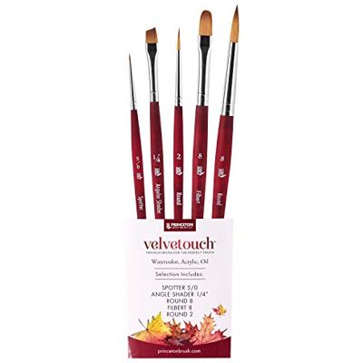 Princeton Velvetouch, Series 3950, Paint Brush for Acrylic, Oil and Watercolor, Set of 5 Spotter 5/0, Angle Shader ¼”, Round 8, Filbert 8, Round 2 Princeton Velvetouch, Series 3950, Paint Brush for Acrylic, Oil and Watercolor, Set of 5 Spotter 5/0, Angle Shader ¼”, Round 8, Filbert 8, Round 2