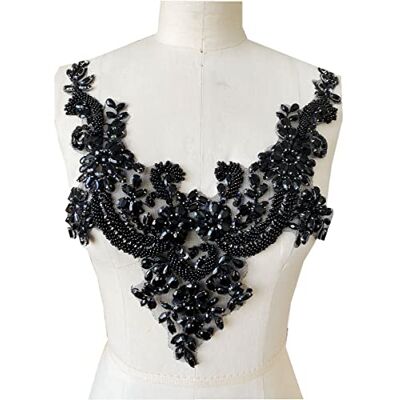wtbv.n Handmade Rhinestones lace Applique handsewing Beads Trim Patches Neckline for Dress Clothes Accessory (Black) wtbv.n Handmade Rhinestones lace Applique handsewing Beads Trim Patches Neckline for Dress Clothes Accessory (Black)