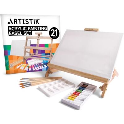 ARTISTIK 21-Piece Acrylic Wooden Easel Set – Adjustable Art Easel Stand with Acrylic Paints, Brushes, Canvas Boards & Oil Pastels – Complete Craft Art Painting Kit for Beginners & Artists ARTISTIK 21-Piece Acrylic Wooden Easel Set – Adjustable Art Easel Stand with Acrylic Paints, Brushes, Canvas Boards & Oil Pastels – Complete Craft Art Painting Kit for Beginners & Artists