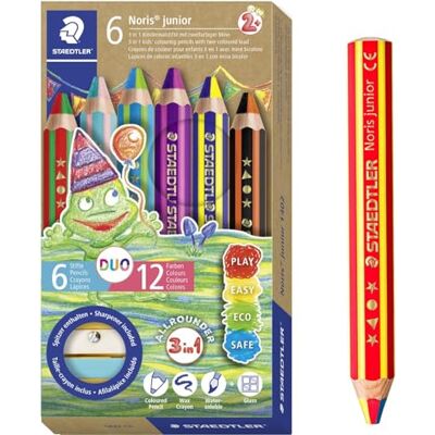 STAEDTLER Noris Junior Duo 1402 Children's Colouring Pencil, Wax and Watercolour Pencil, Two-Tone Lead, 6 Duo Pens and Rainbow Pencil STAEDTLER Noris Junior Duo 1402 Children's Colouring Pencil, Wax and Watercolour Pencil, Two-Tone Lead, 6 Duo Pens and Rainbow Pencil