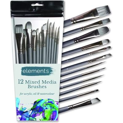 Elements 12pc Paint Brush Set – Art Brushes for Acrylic, Oil & Mixed Media Acrylic Paint Brushes for Artists – 12 Piece Art Brush Set for Watercolour, Oil & Mixed Media, in Round, Flat & Fan Shapes Elements 12pc Paint Brush Set – Art Brushes for Acrylic, Oil & Mixed Media Acrylic Paint Brushes for Artists – 12 Piece Art Brush Set for Watercolour, Oil & Mixed Media, in Round, Flat & Fan Shapes