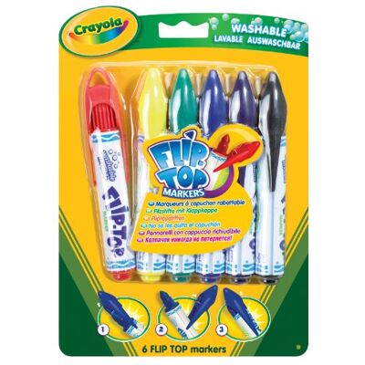 CRAYOLA Flip Top Washable Markers Assorted Colours (Pack of 6) Unique Flip Top Lid That Can't Get Lost Kids Arts and Crafts Ideal for Kids Aged 3+ CRAYOLA Flip Top Washable Markers Assorted Colours (Pack of 6) Unique Flip Top Lid That Can't Get Lost Kids Arts and Crafts Ideal for Kids Aged 3+