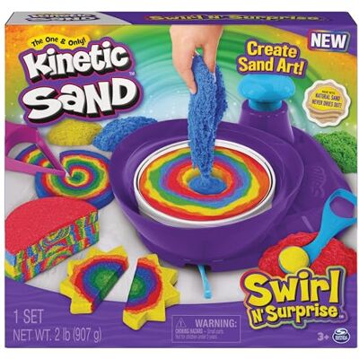 Kinetic Sand , Swirl N’ Surprise Playset with 907g of Play Sand, Including Red, Blue, Green, Yellow, and 4 Tools, Sensory Toys for Kids Aged 3 and up Kinetic Sand , Swirl N’ Surprise Playset with 907g of Play Sand, Including Red, Blue, Green, Yellow, and 4 Tools, Sensory Toys for Kids Aged 3 and up
