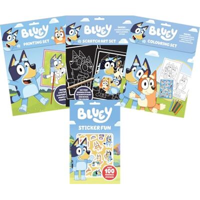 Anila's Bluey Activity Set with Colouring Set, Painting Set, Sticker Book & Scratch Art. Anila's Bluey Activity Set with Colouring Set, Painting Set, Sticker Book & Scratch Art.