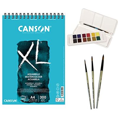 OFITURIA Canson XL Aquarelle A4 Pack with 30 Sheets, Watercolour 12 Aquafine Travel Set Daler Rowney and 3 Round Brushes, Complete Professional Watercolor Set for All Ages – OFITURIA Canson XL Aquarelle A4 Pack with 30 Sheets, Watercolour 12 Aquafine Travel Set Daler Rowney and 3 Round Brushes, Complete Professional Watercolor Set for All Ages –