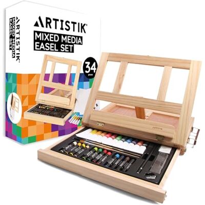 ARTISTIK Mixed Media Easel Art Set – 34-Pc Wooden Desktop Easel Box Art Kit with Acrylic Paints, 3 Canvas Boards & Oil Pastels – Beginners & Professional Arts & Crafts for Adults ARTISTIK Mixed Media Easel Art Set – 34-Pc Wooden Desktop Easel Box Art Kit with Acrylic Paints, 3 Canvas Boards & Oil Pastels – Beginners & Professional Arts & Crafts for Adults