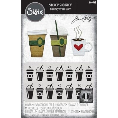 Sizzix 2D Embossing Folder with Thinlits Die Set, Vault Side-Order, Fresh Brewed by Tim Holtz, 1 Embossing Folder & 11 Cutting Dies Sizzix 2D Embossing Folder with Thinlits Die Set, Vault Side-Order, Fresh Brewed by Tim Holtz, 1 Embossing Folder & 11 Cutting Dies