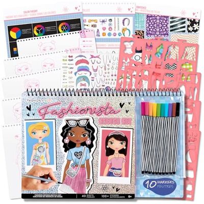 Fashion Angels Basic Fun Fashionista Sketch Portfolio with Markers – 40 Fashion Sketch Sheets, 4 Stencils, 100+ Stickers & 10 Markers – Design & Colour Activity Set for Girls Ages 6+ Fashion Angels Basic Fun Fashionista Sketch Portfolio with Markers – 40 Fashion Sketch Sheets, 4 Stencils, 100+ Stickers & 10 Markers – Design & Colour Activity Set for Girls Ages 6+