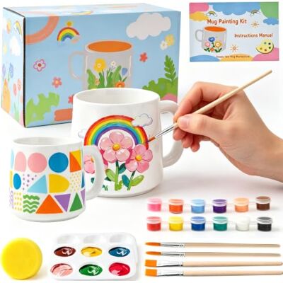 GinMoo Paint Your Own Mug, Mug Painting Kit, Pottery Painting Kit Includes 2 White Ceramic Mugs, 4 Brushes, 2 Palettes, 1 Sponges, 2*12 Paints and Instructions, DIY Gift for Adults or Kids GinMoo Paint Your Own Mug, Mug Painting Kit, Pottery Painting Kit Includes 2 White Ceramic Mugs, 4 Brushes, 2 Palettes, 1 Sponges, 2*12 Paints and Instructions, DIY Gift for Adults or Kids