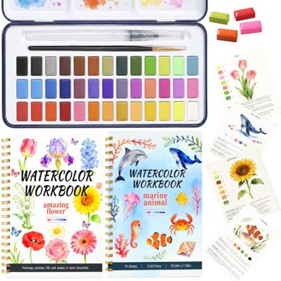 LAIDROC Watercolour Workbook for Adults Beginners, 2 Pack Water Colouring Books with 36 Colour Paint Set, Step-by-Step Guide, Thick Watercolour Paper, Arts & Crafts Gift for Women, Teens & Art Lovers LAIDROC Watercolour Workbook for Adults Beginners, 2 Pack Water Colouring Books with 36 Colour Paint Set, Step-by-Step Guide, Thick Watercolour Paper, Arts & Crafts Gift for Women, Teens & Art Lovers