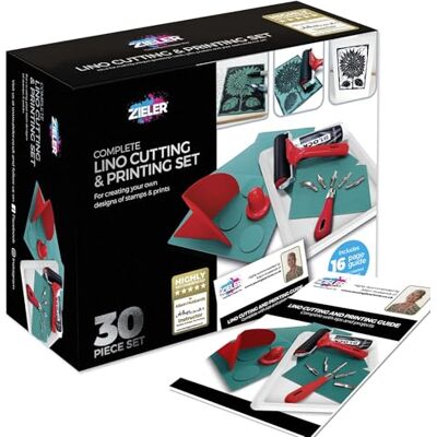 Zieler Complete Lino Cutting & Printing Set (30-Pieces) Ideal for Projects Such as Greeting Cards, Stamps & Much More. Includes Starter Booklet! Zieler Complete Lino Cutting & Printing Set (30-Pieces) Ideal for Projects Such as Greeting Cards, Stamps & Much More. Includes Starter Booklet!