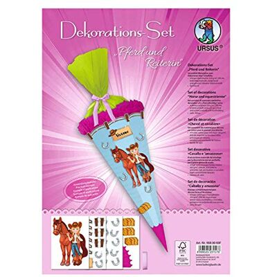 Ursus 9880008F Decoration Set Horse and Rider, 4 Sheets of Craft Cardboard DIN A4, Printed on Both Sides, Pre-Cut, Grooved, for Decorating a School Cone, Partially Finished, with Satin Ribbon Ursus 9880008F Decoration Set Horse and Rider, 4 Sheets of Craft Cardboard DIN A4, Printed on Both Sides, Pre-Cut, Grooved, for Decorating a School Cone, Partially Finished, with Satin Ribbon