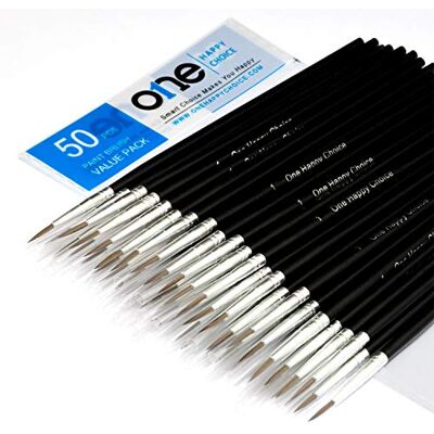 ONE HAPPY CHOICE 50 Pcs Fine Detail Synthetic Paint Brush Set, Pointed Round Size #1 Large Extra Fine Tip for Miniature, Scale Model, Figurine, Rock & Nail Painting with Acrylic Watercolor Oil Gouache Enamel & Ink ONE HAPPY CHOICE 50 Pcs Fine Detail Synthetic Paint Brush Set, Pointed Round Size #1 Large Extra Fine Tip for Miniature, Scale Model, Figurine, Rock & Nail Painting with Acrylic Watercolor Oil Gouache Enamel & Ink
