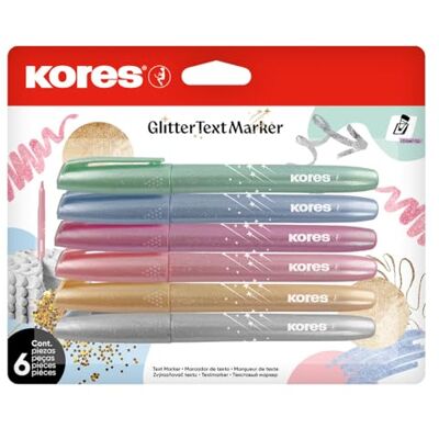 Kores Glitter Textmarker Set (6 pcs) Quick Drying Smear Resistant Ink Chisel Tip Suitable for All Paper Types 1-4 mm Line Width Pack of 6 Kores Glitter Textmarker Set (6 pcs) Quick Drying Smear Resistant Ink Chisel Tip Suitable for All Paper Types 1-4 mm Line Width Pack of 6