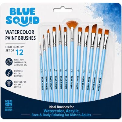Blue Squid Watercolour Paint Brushes Set of 12 Professional Artist Brush Set with Soft Synthetic Nylon Bristles Art Brushes Ideal for Watercolour, Acrylic, Face & Body Painting for Kids to Adults Blue Squid Watercolour Paint Brushes Set of 12 Professional Artist Brush Set with Soft Synthetic Nylon Bristles Art Brushes Ideal for Watercolour, Acrylic, Face & Body Painting for Kids to Adults
