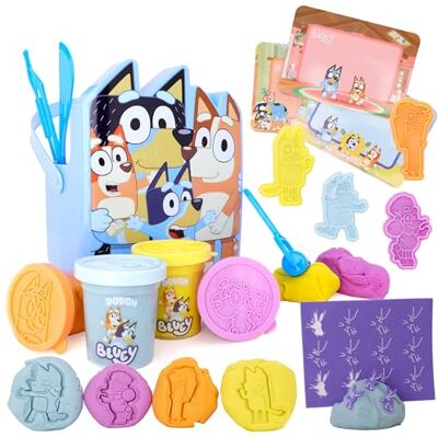 Toyland ® 17 Piece Bluey Dough Bucket Activity Set 4 Dough, 3 Cutters, 1 Roller, 4 Stamps, 3 Wipeable Play Screens & 1 Bucket Arts & Crafts Toys Toyland ® 17 Piece Bluey Dough Bucket Activity Set 4 Dough, 3 Cutters, 1 Roller, 4 Stamps, 3 Wipeable Play Screens & 1 Bucket Arts & Crafts Toys