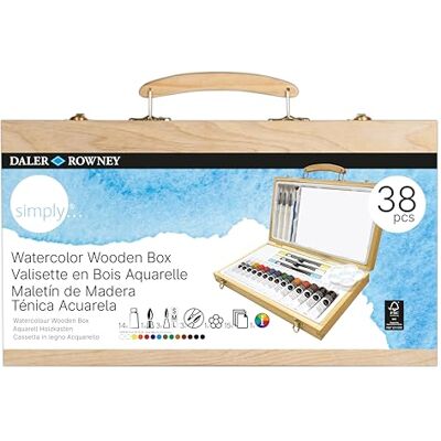 Daler Rowney Daler-Rowney Simply Watercolour Wooden Box Set, 14 Vibrant Colours, Multi-Surface, for Entry-Level Artists & Hobbyists Daler Rowney Daler-Rowney Simply Watercolour Wooden Box Set, 14 Vibrant Colours, Multi-Surface, for Entry-Level Artists & Hobbyists