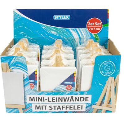 Stylex 28672-P12 Mini Canvas with Easel, Pack of 24 with 100% Cotton Fabric, Size 7 x 7 cm, Primed, Stapled on The Back, for Oil, Acrylic, Gouache and Tempera Paints Stylex 28672-P12 Mini Canvas with Easel, Pack of 24 with 100% Cotton Fabric, Size 7 x 7 cm, Primed, Stapled on The Back, for Oil, Acrylic, Gouache and Tempera Paints