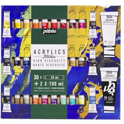 PEBEO Pébéo Studio Acrylics Pack of 30 Tubes 20 ml + 2 Tubes 100 ml Assorted Colors Multi-Surface Acrylic Paint PEBEO Pébéo Studio Acrylics Pack of 30 Tubes 20 ml + 2 Tubes 100 ml Assorted Colors Multi-Surface Acrylic Paint