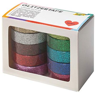 Folia 28509 Glitter Tape Made of Paper with Glitter, 10 Rolls of Assorted Colours, Each Roll Approx. 5 m x 15 mm – Ideal for Decorating and Decorating Folia 28509 Glitter Tape Made of Paper with Glitter, 10 Rolls of Assorted Colours, Each Roll Approx. 5 m x 15 mm – Ideal for Decorating and Decorating