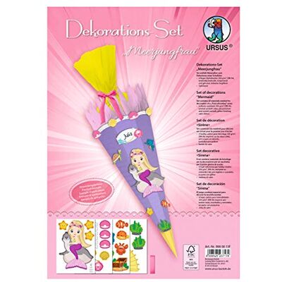 Ursus 9880013F Mermaid Decoration Set, 4 Sheets of Craft Card DIN A4, for Decorating a School Cone (Blank Not Included) Printed on Both Sides, Pre-Cut with Satin Ribbon Ursus 9880013F Mermaid Decoration Set, 4 Sheets of Craft Card DIN A4, for Decorating a School Cone (Blank Not Included) Printed on Both Sides, Pre-Cut with Satin Ribbon
