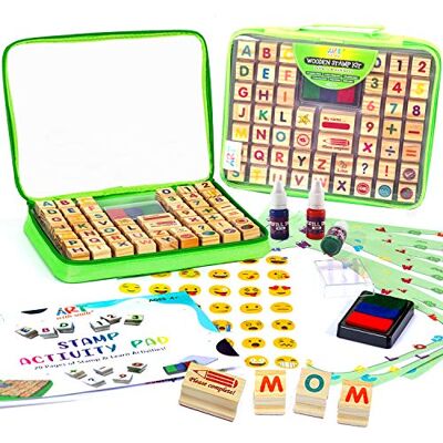 Art with smile Large Wooden Stamp Premium Set for Kids. 72 Pcs Alphabet Stamps. Letters, Numbers, Emojis, 3-Color Washable Ink Pad, 3 Refill Bottles, Activity Book. Ideal Creativity Kit for back to school Art with smile Large Wooden Stamp Premium Set for Kids. 72 Pcs Alphabet Stamps. Letters, Numbers, Emojis, 3-Color Washable Ink Pad, 3 Refill Bottles, Activity Book. Ideal Creativity Kit for back to school