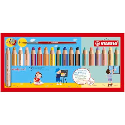 STABILO woody 3-in-1 Multi-Talented Pencil Pack of 18 with 10 Assorted Standard, 6 Pastel Colours, Sharpener and Paint Brush STABILO woody 3-in-1 Multi-Talented Pencil Pack of 18 with 10 Assorted Standard, 6 Pastel Colours, Sharpener and Paint Brush