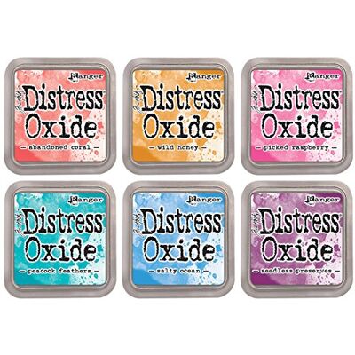 Tim Holtz Distress Ranger Oxide Ink Pads Abandoned Coral, Wild Honey, Picked Raspberry, Peacock Feathers, Salty Ocean and Seedless Preserves 6 Ink Pad Set Released June 2017 Tim Holtz Distress Ranger Oxide Ink Pads Abandoned Coral, Wild Honey, Picked Raspberry, Peacock Feathers, Salty Ocean and Seedless Preserves 6 Ink Pad Set Released June 2017