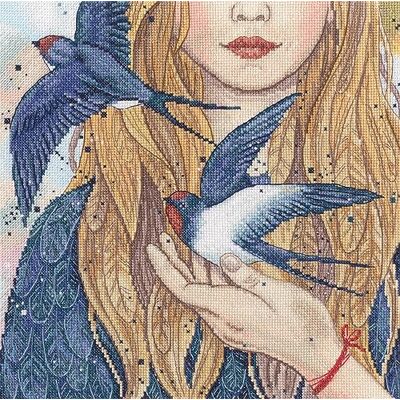 RTO Counted Cross Stitch kit Adults Girl and Swallows M984, DMC Threads, Aida 14ct Fabric, DIY Embroidery kit, 27x27 cm / 10.5"x10.5 RTO Counted Cross Stitch kit Adults Girl and Swallows M984, DMC Threads, Aida 14ct Fabric, DIY Embroidery kit, 27x27 cm / 10.5"x10.5