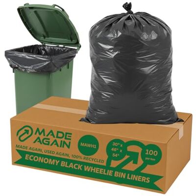 Made Again 100 Economy Black Wheelie Bin Liners, MAWH1, 240L, 30" x 46" x 54", For Outside and Garden Bin, Strong Garbage Bags, Rubbish Waste Made Again 100 Economy Black Wheelie Bin Liners, MAWH1, 240L, 30" x 46" x 54", For Outside and Garden Bin, Strong Garbage Bags, Rubbish Waste