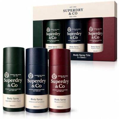 Corsair Superdry & Co Body Spray Trio, 3 x 150ml Tonka Bean & Black Pepper, Cedarwood & Sandalwood, Bergamot & Vetiver, Gift Set, For Men Corsair Superdry & Co Body Spray Trio, 3 x 150ml Tonka Bean & Black Pepper, Cedarwood & Sandalwood, Bergamot & Vetiver, Gift Set, For Men