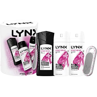 Lynx Attract for Her Trio & Speaker Gift Set 2 bodysprays & bodywash perfect for her daily routine 3 piece Lynx Attract for Her Trio & Speaker Gift Set 2 bodysprays & bodywash perfect for her daily routine 3 piece