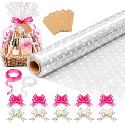 HURUC Dotted Cellophane Wrap for Hampers 40cmx30m with Large 10 Pull Bows 2 Ribbons & 5 Gift Tags, Florist Cellophane Wrap Rolls to pack Gifts Chocolate Flowers for Birthday, Anniversary, Wedding HURUC Dotted Cellophane Wrap for Hampers 40cmx30m with Large 10 Pull Bows 2 Ribbons & 5 Gift Tags, Florist Cellophane Wrap Rolls to pack Gifts Chocolate Flowers for Birthday, Anniversary, Wedding
