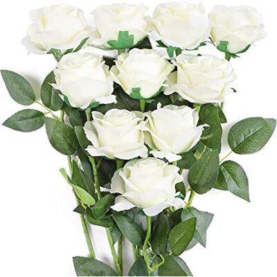 JUSTOYOU Rose Artificial Silk White Rose Flowers Single Long Stem Fake Rose Bouquet Home Office Wedding Arrangements (10 PCS) JUSTOYOU Rose Artificial Silk White Rose Flowers Single Long Stem Fake Rose Bouquet Home Office Wedding Arrangements (10 PCS)