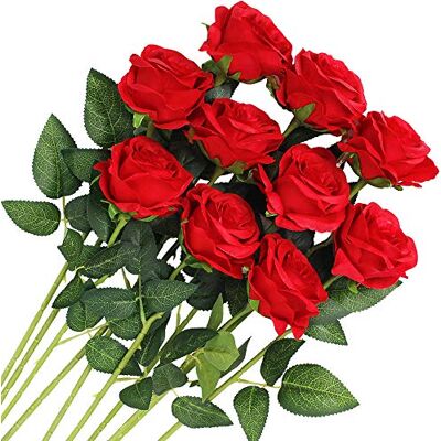 Veryhome 10 Pcs Women's Day Artificial Roses Silk Flowers Fake Single Stem Blooming Rose Bridal Bouqets For Wedding Home Birthday Party Arrangment Garden Decoration (Red) Veryhome 10 Pcs Women's Day Artificial Roses Silk Flowers Fake Single Stem Blooming Rose Bridal Bouqets For Wedding Home Birthday Party Arrangment Garden Decoration (Red)