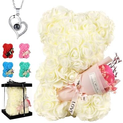 POHOMEGK Rose Bear Teddy Flower Bear with Rose Bouquet, Valentine's Day, Mother's Day Birthday gifts for Women (White) POHOMEGK Rose Bear Teddy Flower Bear with Rose Bouquet, Valentine's Day, Mother's Day Birthday gifts for Women (White)