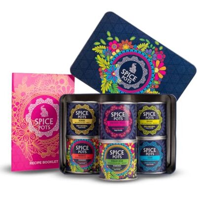 Spice Pots Indian Spice Gift Set with Recipe Book – 6 Curry Blends & 35 Easy Recipes – Indian Cooking Kit in Reusable Storage Tin – 24–30 Family Meals – Father’s Day Gift – Vegan & Gluten Free Spice Pots Indian Spice Gift Set with Recipe Book – 6 Curry Blends & 35 Easy Recipes – Indian Cooking Kit in Reusable Storage Tin – 24–30 Family Meals – Father’s Day Gift – Vegan & Gluten Free
