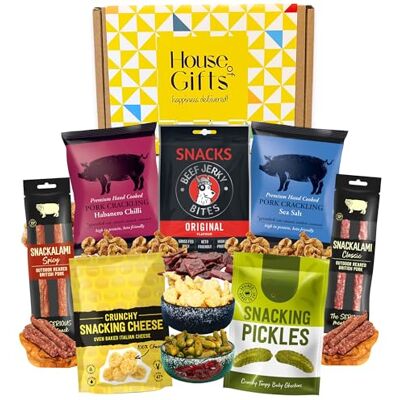 House of Gifts Savoury Snacks Hamper Gift Set with Pork Crackling, Beef Jerky, Cheese Bites, Salami & Pickles – Pub Treats Box & Snack Gifts, Ideal Dad Treat Box or Fathers Day Present for Him House of Gifts Savoury Snacks Hamper Gift Set with Pork Crackling, Beef Jerky, Cheese Bites, Salami & Pickles – Pub Treats Box & Snack Gifts, Ideal Dad Treat Box or Fathers Day Present for Him
