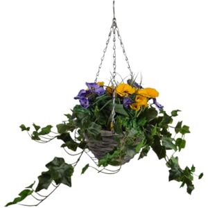 GreenBrokers Artificial Yellow & Purple Pansy with Ivy Vine in 25cm diameter Grey Wash Hanging Basket Faux Silk UV Protected GreenBrokers Artificial Yellow & Purple Pansy with Ivy Vine in 25cm diameter Grey Wash Hanging Basket Faux Silk UV Protected