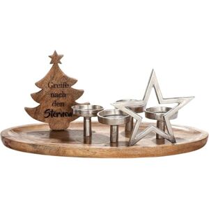 GILDE Mango Wood Candle Holder with Aluminium Elements and Saying Height 26 cm GILDE Mango Wood Candle Holder with Aluminium Elements and Saying Height 26 cm