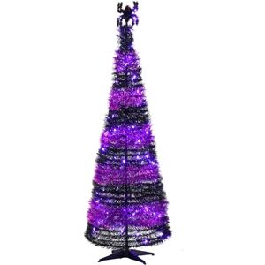Cackle & Co 6ft Pop Up Pre-Lit Halloween Tree with 100 Warm LED Lights, Black and Purple Striped Tinsel, Spider Topper, Collapsible Frame, Easy Assembly Indoor Decoration for Halloween Parties Cackle & Co 6ft Pop Up Pre-Lit Halloween Tree with 100 Warm LED Lights, Black and Purple Striped Tinsel, Spider Topper, Collapsible Frame, Easy Assembly Indoor Decoration for Halloween Parties