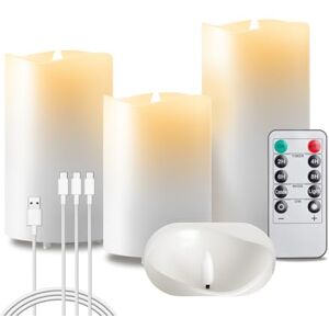EXTSUD Flameless LED Candles, 3 Flickering Real Wax Candles, Rechargeable LED Candles with Timer and Remote Control, 7.5 x 10.5, 13.5, 16 cm Pillar Candles for Home, Wedding, Christmas, Halloween EXTSUD Flameless LED Candles, 3 Flickering Real Wax Candles, Rechargeable LED Candles with Timer and Remote Control, 7.5 x 10.5, 13.5, 16 cm Pillar Candles for Home, Wedding, Christmas, Halloween