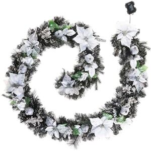 WeRChristmas Pre-Lit Decorated Black Garland – 9 ft, White and Silver Poinsettias, 40 White LED Lights, Battery Powered WeRChristmas Pre-Lit Decorated Black Garland – 9 ft, White and Silver Poinsettias, 40 White LED Lights, Battery Powered