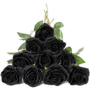 DuHouse 10Pcs Artificial Roses Fake Silk Flowers Realistic Bridal Bouquets with Single Long Plastic Stems for Arrangement Wedding Table Centerpiece Party Home Decor (Black) DuHouse 10Pcs Artificial Roses Fake Silk Flowers Realistic Bridal Bouquets with Single Long Plastic Stems for Arrangement Wedding Table Centerpiece Party Home Decor (Black)