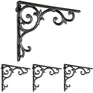 Relaxdays Shelf Brackets, Set of 4, Cast Iron, Antique Style Supports, for Wall-Mounted Shelves, 24.5x4x24.5 cm, Black Relaxdays Shelf Brackets, Set of 4, Cast Iron, Antique Style Supports, for Wall-Mounted Shelves, 24.5x4x24.5 cm, Black