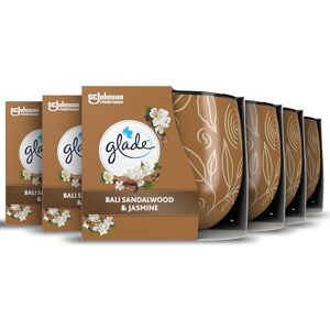 glade Jar Candle, Scented Candle Infused with Essential Oils, Made Without Palm Oil, Up to 25 Hour Burn Time, Bali Sandalwood & Jasmine, Pack of 6 (6x108g) glade Jar Candle, Scented Candle Infused with Essential Oils, Made Without Palm Oil, Up to 25 Hour Burn Time, Bali Sandalwood & Jasmine, Pack of 6 (6x108g)