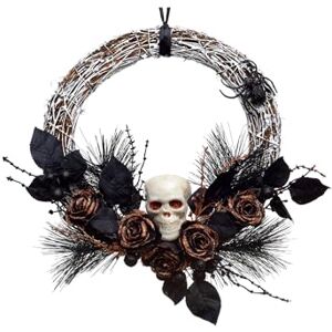 HEITMANN DECO Rattan Wreath Halloween Decoration Party Skull Spiders Roses Plastic Gold Brown Black Approx. 35 x 35 x 7 cm HEITMANN DECO Rattan Wreath Halloween Decoration Party Skull Spiders Roses Plastic Gold Brown Black Approx. 35 x 35 x 7 cm